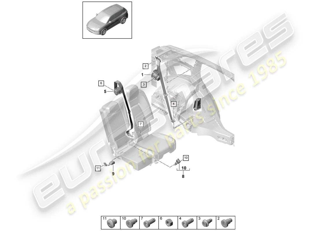 porsche 2018 (cayenne e3 9ya/9yb) three-point safety belt rear belt latch parts diagram