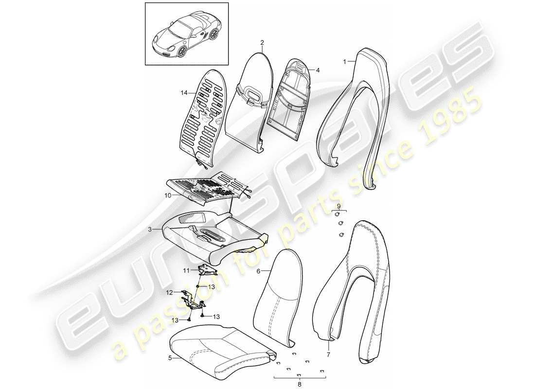 porsche 2012 (987 boxster) foam part seat and backrest cover standard seat comfort seat parts diagram
