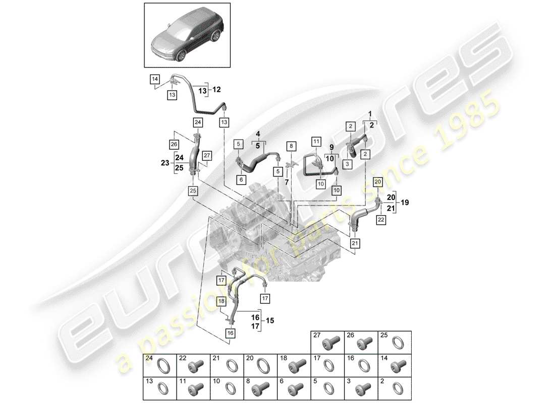 porsche 2019 (cayenne e3 9ya/9yb) coolant cooling system for turbocharger oil pressure line for engine oil cooling parts diagram