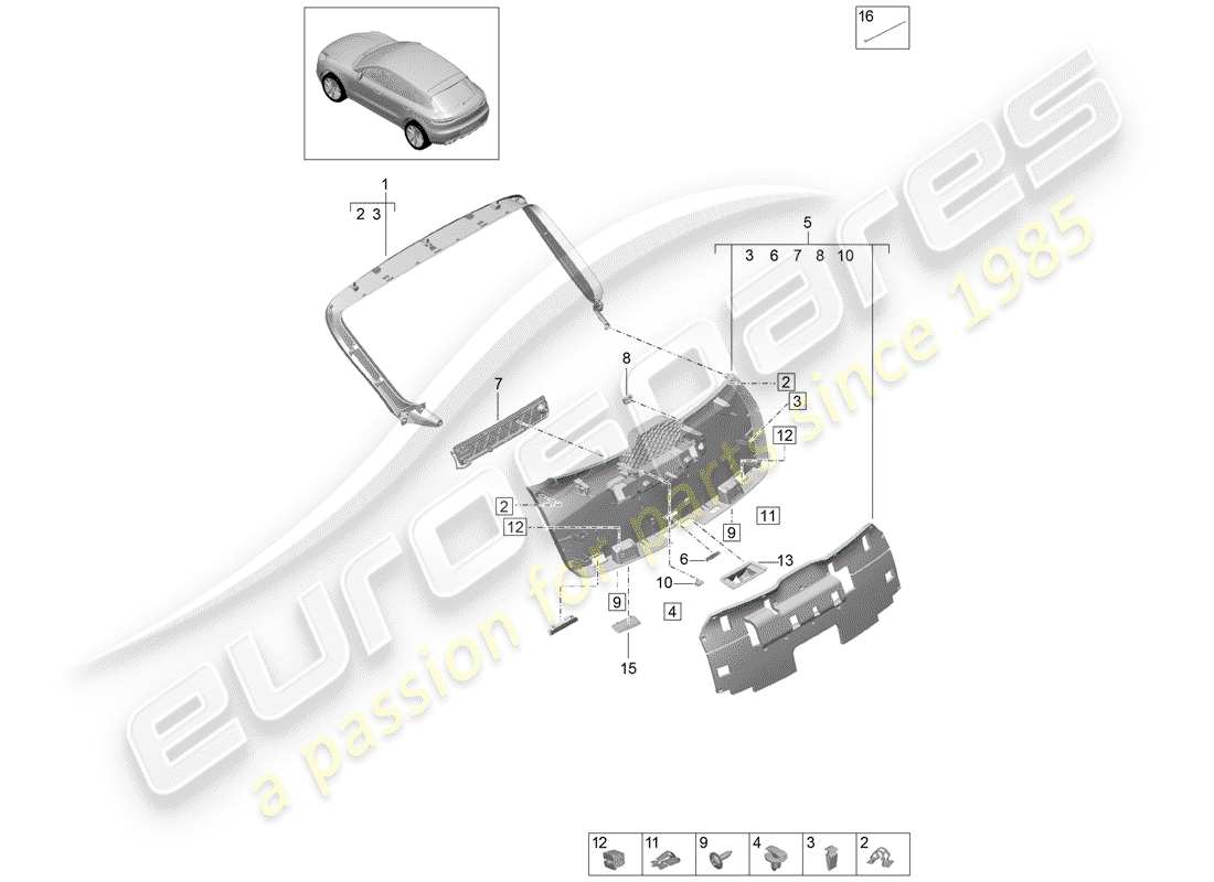 porsche 2020 (macan) rear lid trim panel inner parts diagram