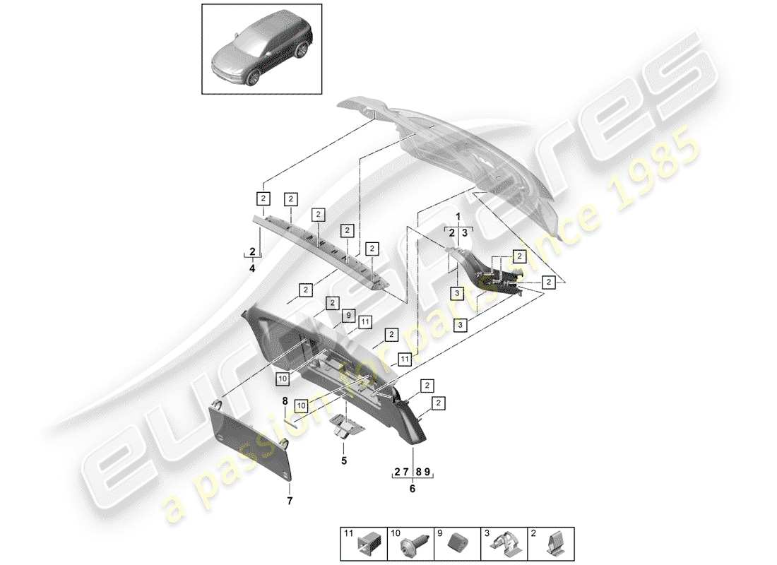 porsche 2019 (cayenne e3 9ya/9yb) trim rear lid parts diagram