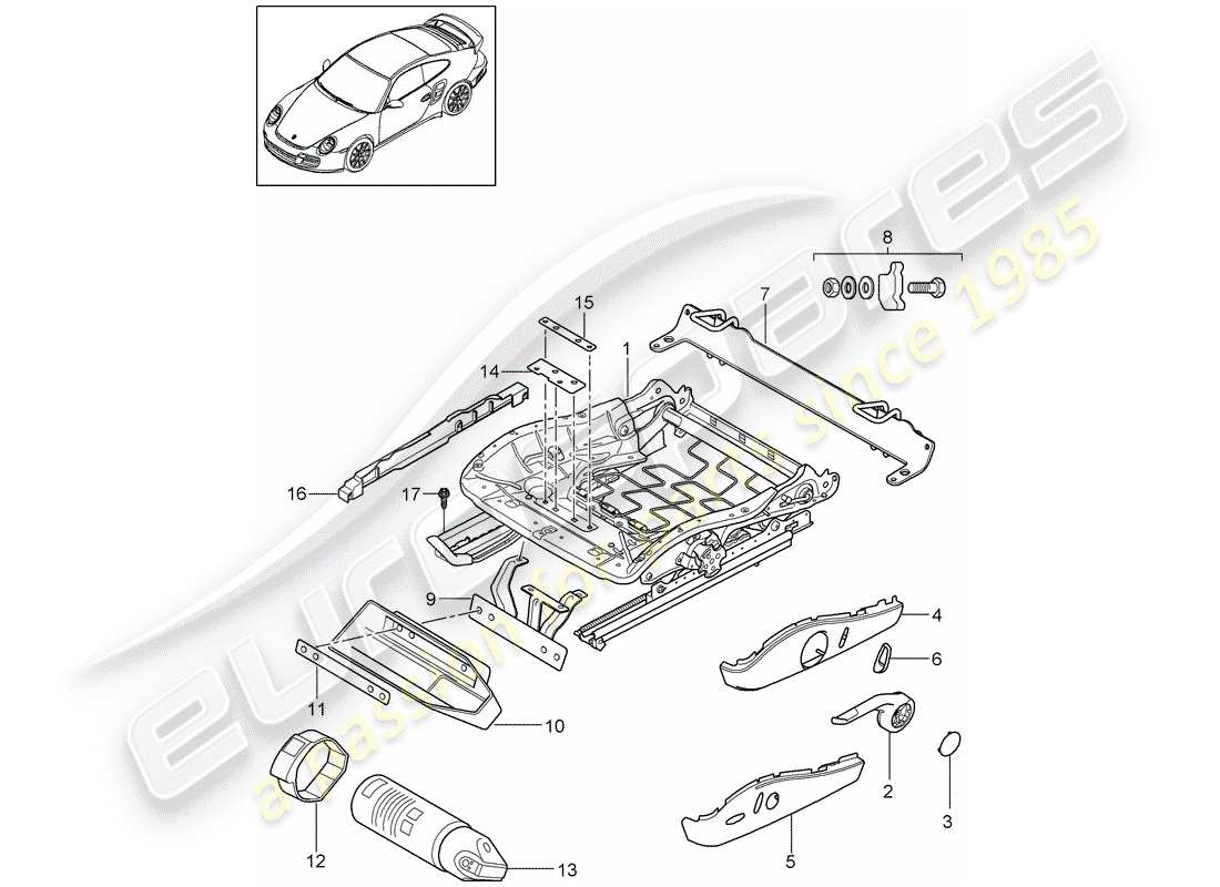 porsche 911 t/gt2rs (2012) seat frame parts diagram