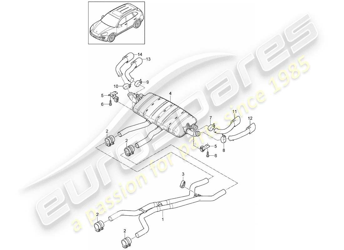porsche 2014 (cayenne e2 92a) exhaust system front silencer rear silencer tailpipe part diagram