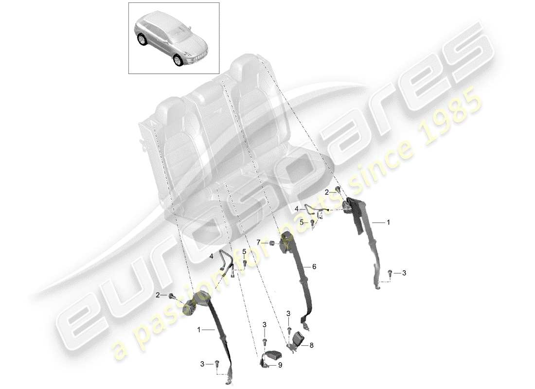 porsche 2014 (macan) three-point safety belt rear belt latch parts diagram