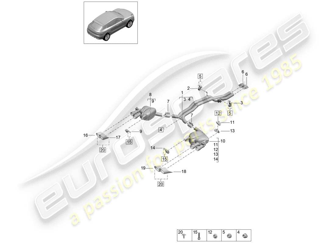 porsche 2020 (macan) exhaust system front silencer rear silencer parts diagram