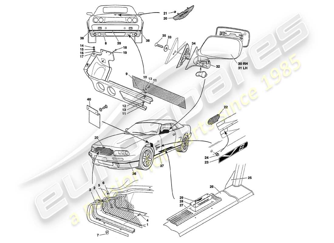 aston martin v8 volante (1999) body fittings part diagram