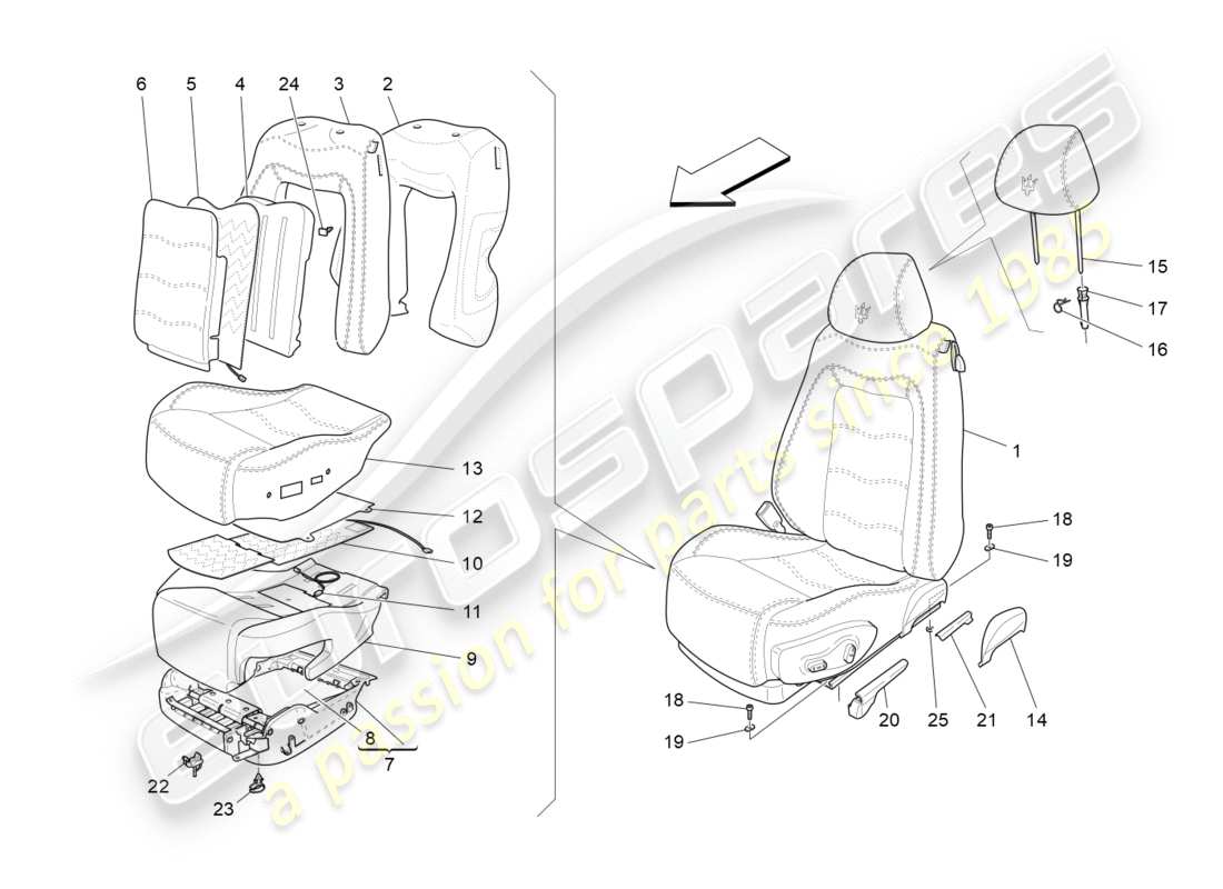 maserati granturismo (2014) front seats: trim panels parts diagram
