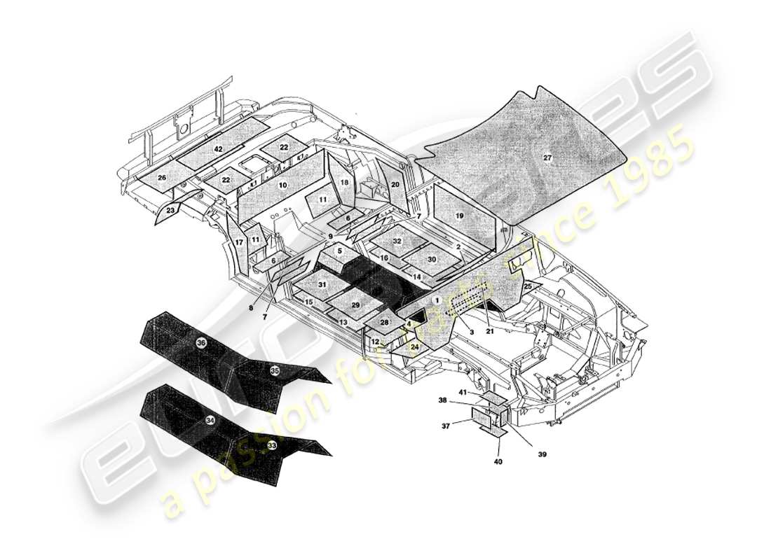 aston martin v8 volante (1997) sound deadening parts diagram