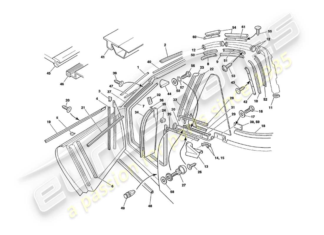 aston martin v8 volante (1998) weather seals part diagram