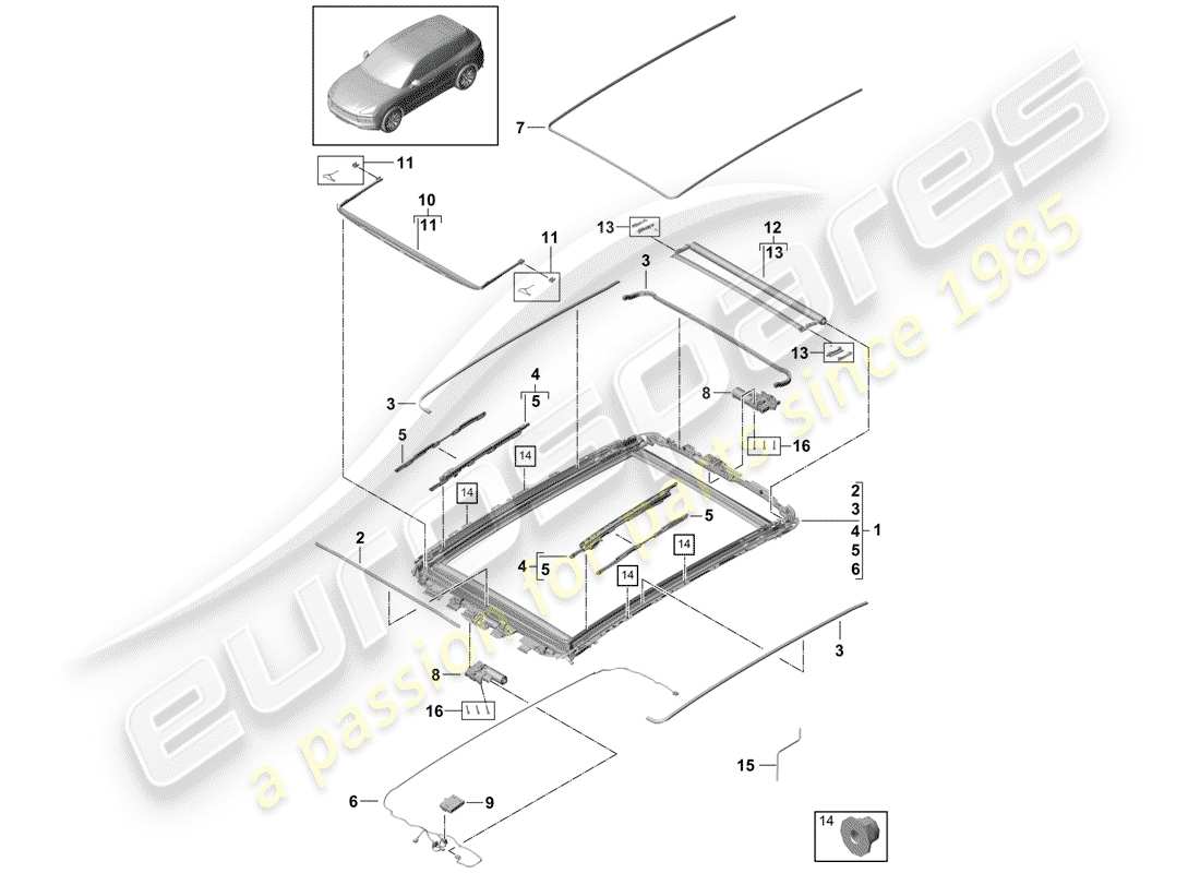 porsche 2019 (cayenne e3 9ya/9yb) glass roof frame accessories parts diagram