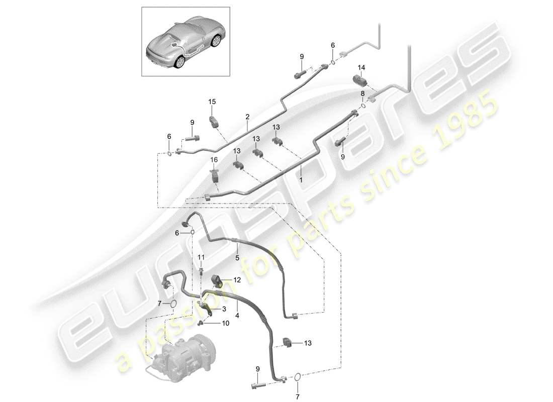 porsche 2016 (981 boxster spyder) refrigerant circuit underbody and rear end parts diagram