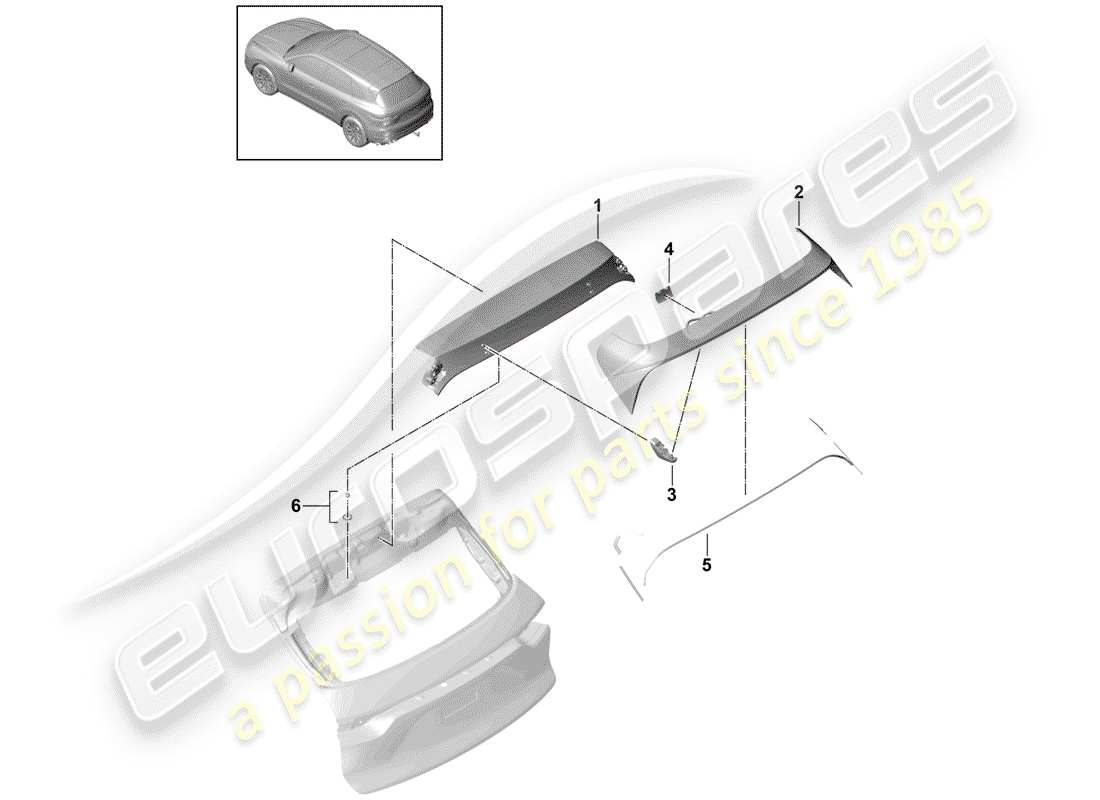 porsche 2019 (cayenne e3 9ya/9yb) rear spoiler sport design package parts diagram