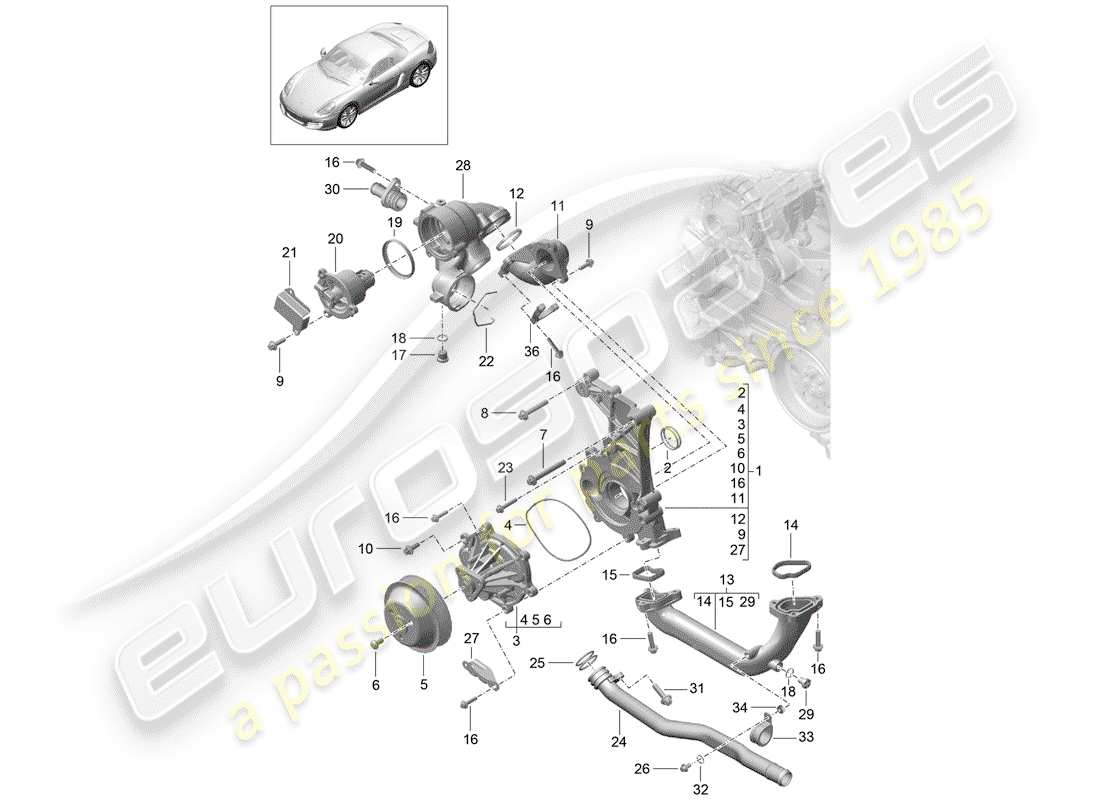 porsche 2013 (981 boxster) coolant pump thermostat housing parts diagram