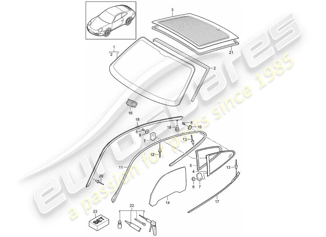porsche 2012 (997-2) window glazing parts diagram