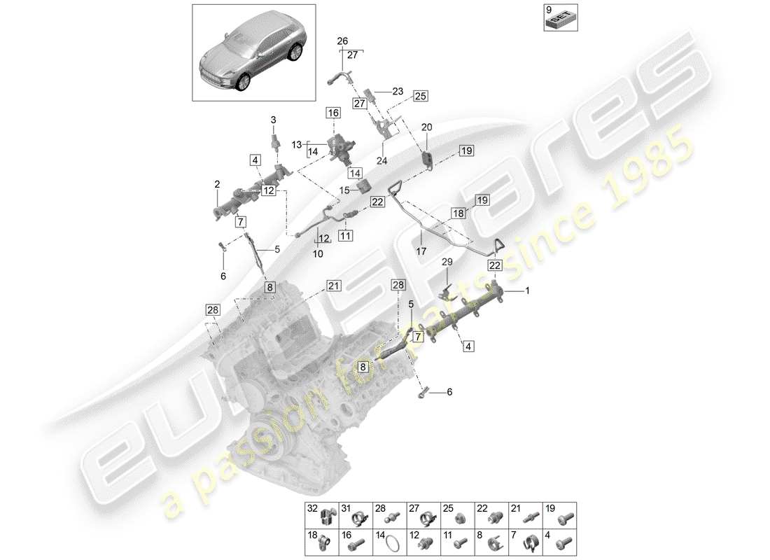porsche 2020 (macan) fuel collection pipe high-pressure injector high pressure pump parts diagram