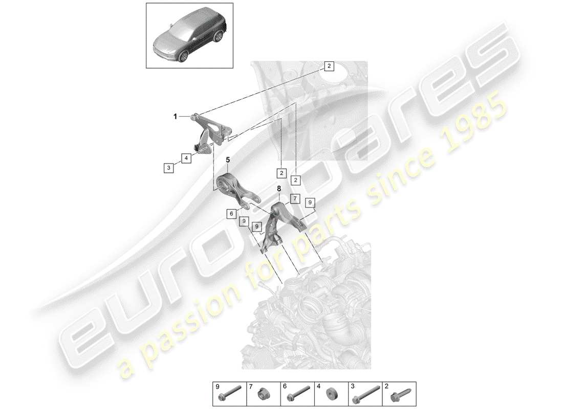 porsche 2018 (cayenne e3 9ya/9yb) engine lifting tackle upper engine support parts diagram