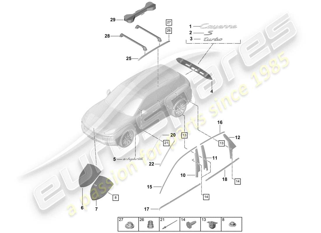 porsche 2019 (cayenne e3 9ya/9yb) moldings upper trim outer parts diagram