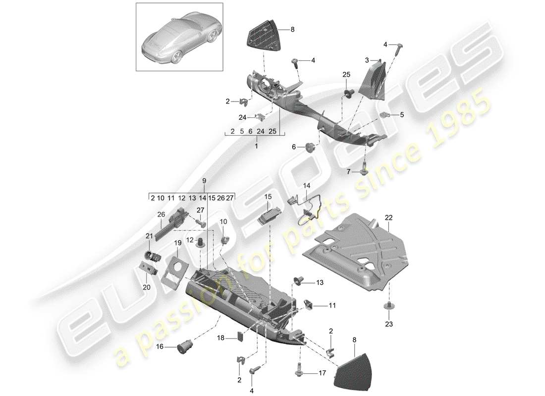 porsche 2014 (991-1) glove box and trim (drivers side) parts diagram