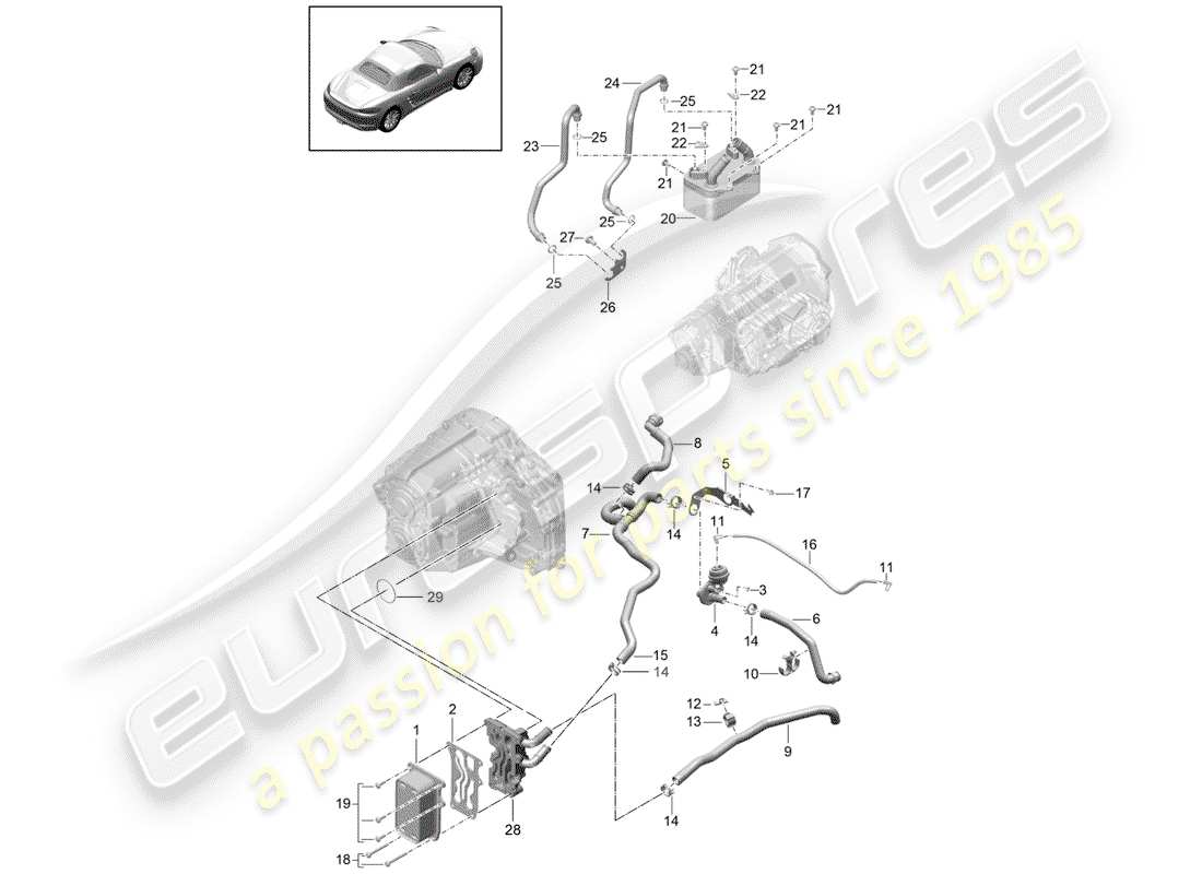 porsche 2019 (718 boxster) - pdk - gearbox heat exchanger oil pipe water pipe parts diagram