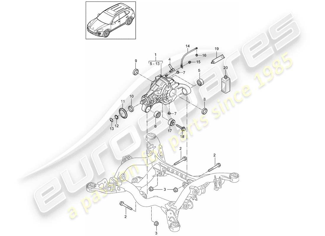 porsche 2011 (cayenne e2 92a) rear axle differential ready for installation without: limited slip differential part diagram