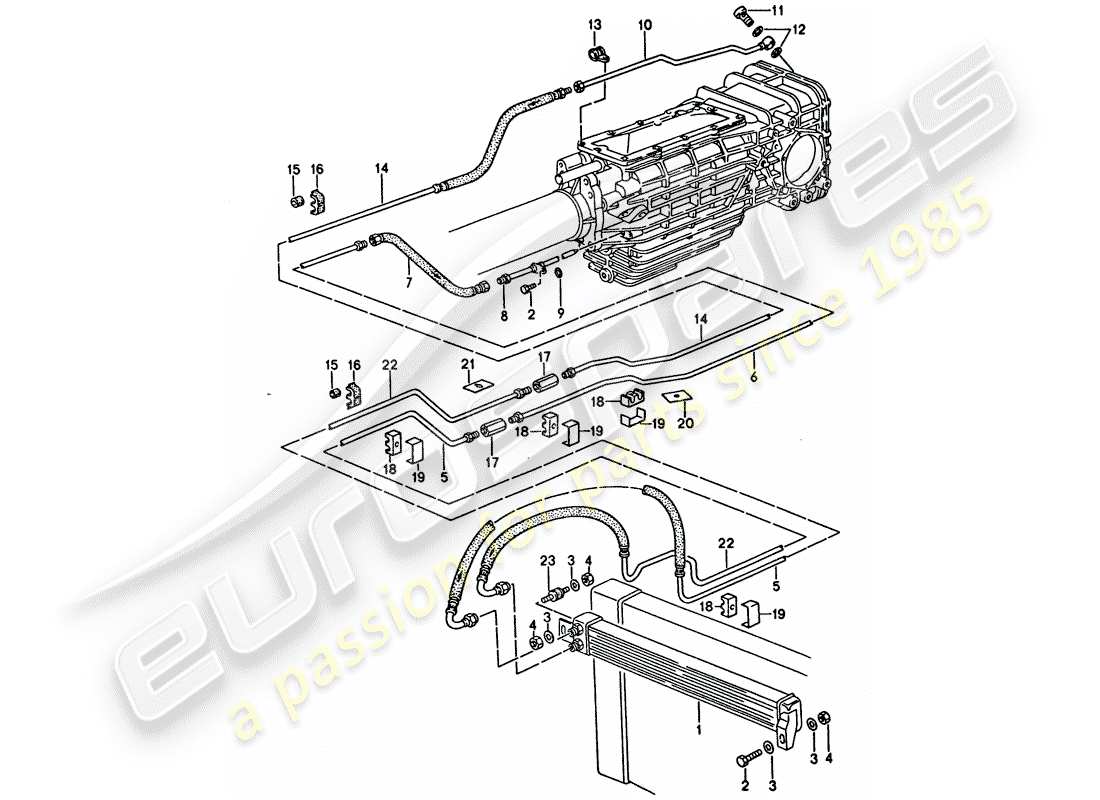 porsche 1995 (928) manual gearbox - oil cooling - lines parts diagram
