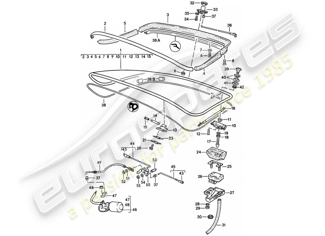 porsche 1984 (944) rear trunk lid - with: - rear window glass - rear spoiler parts diagram
