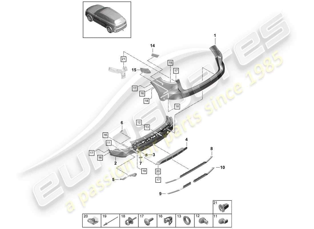 porsche 2019 (cayenne e3 9ya/9yb) bumper rear sport design package parts diagram