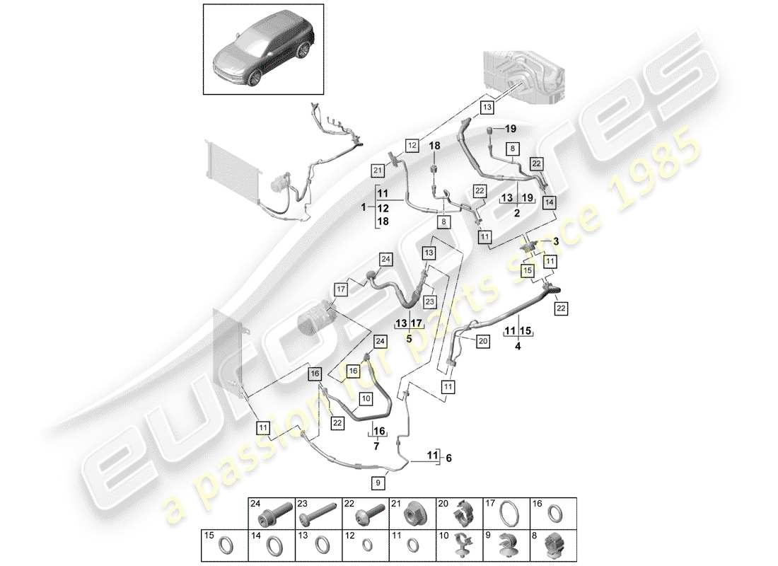 porsche 2019 (cayenne e3 9ya/9yb) air conditioning refrigerant line v8 r134a parts diagram