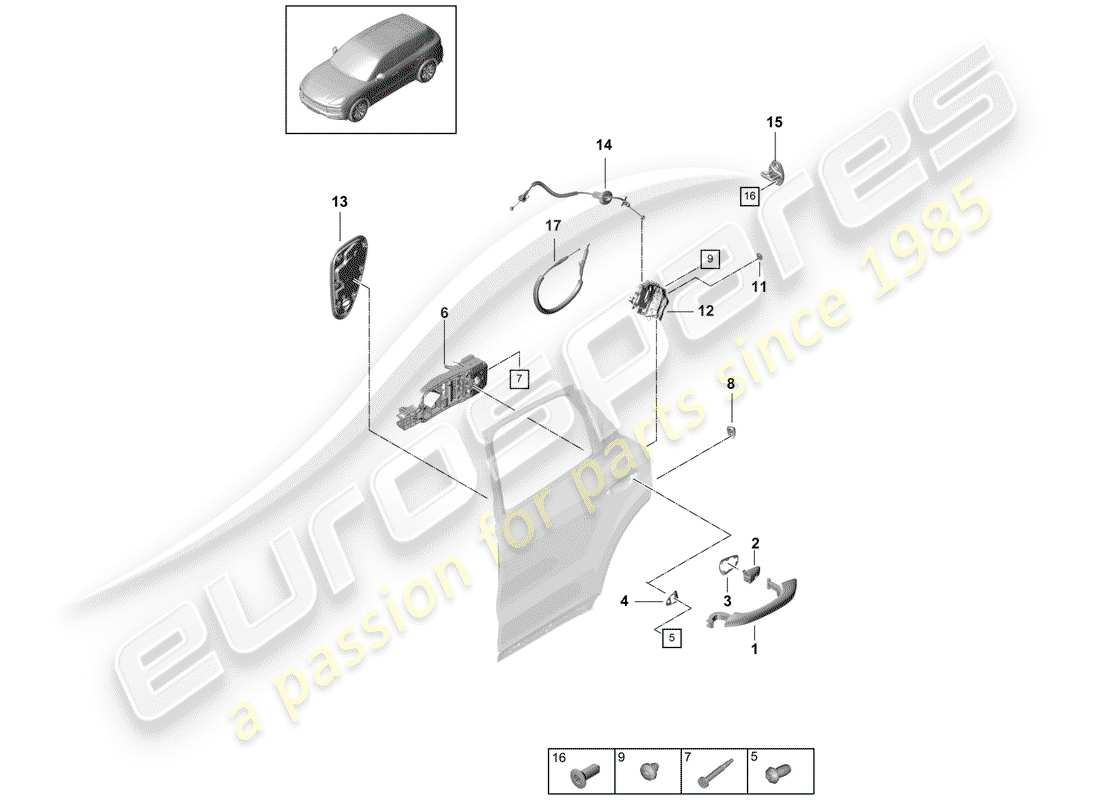 porsche 2019 (cayenne e3 9ya/9yb) door handle, exterior rear door lock parts diagram