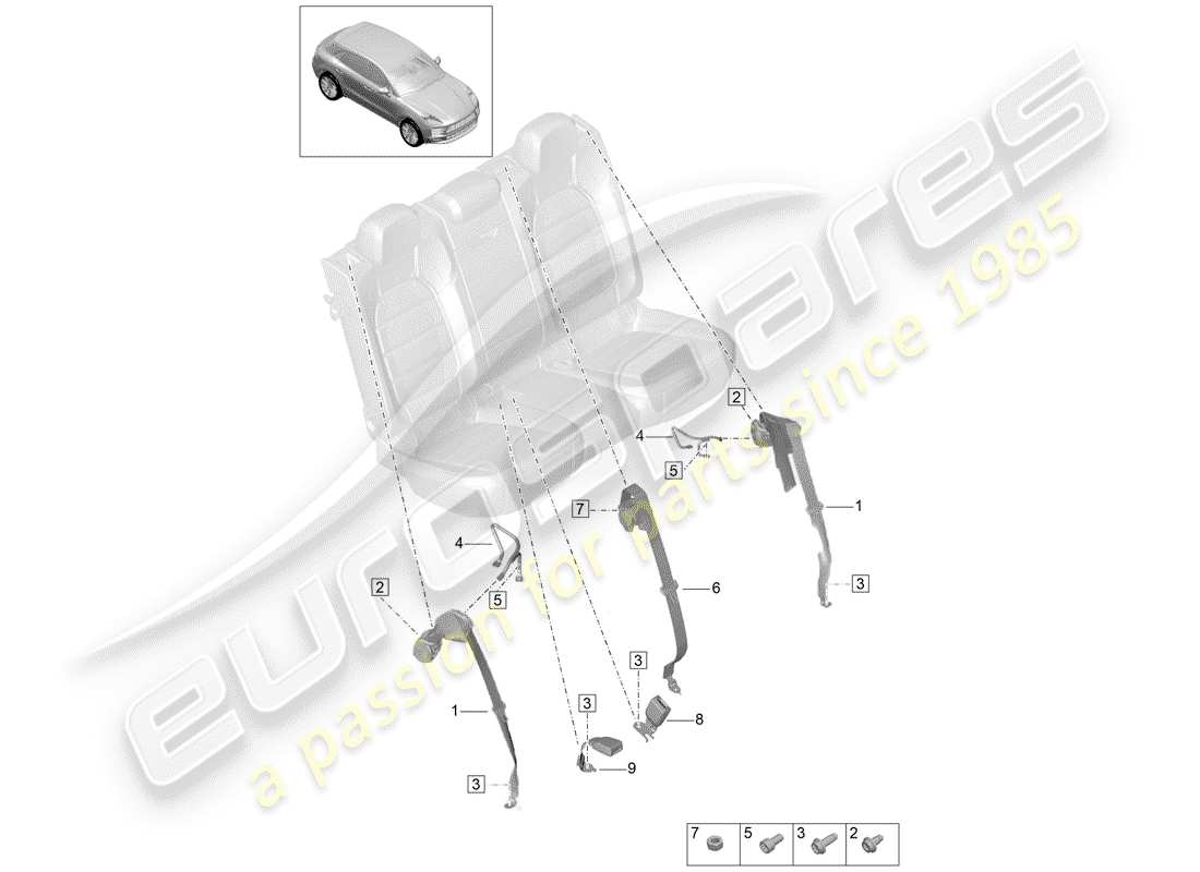 porsche 2019 (macan) three-point safety belt rear belt latch part diagram