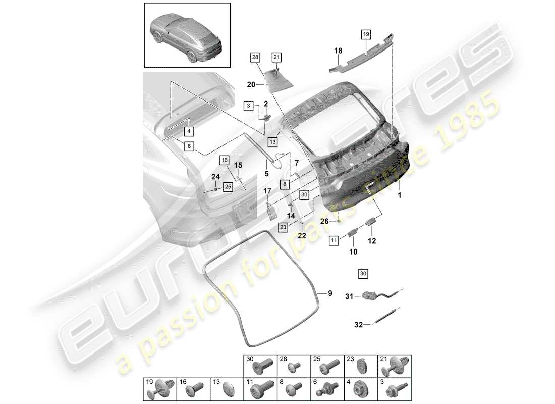 porsche 2019 (cayenne e3 9ya/9yb) rear lid coupe parts diagram