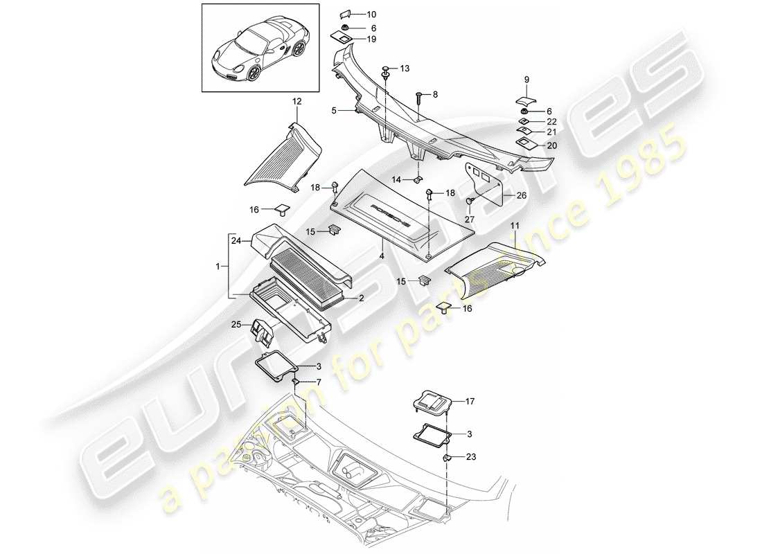 porsche 2011 (987 boxster) particulate filter cover for scuttle parts diagram