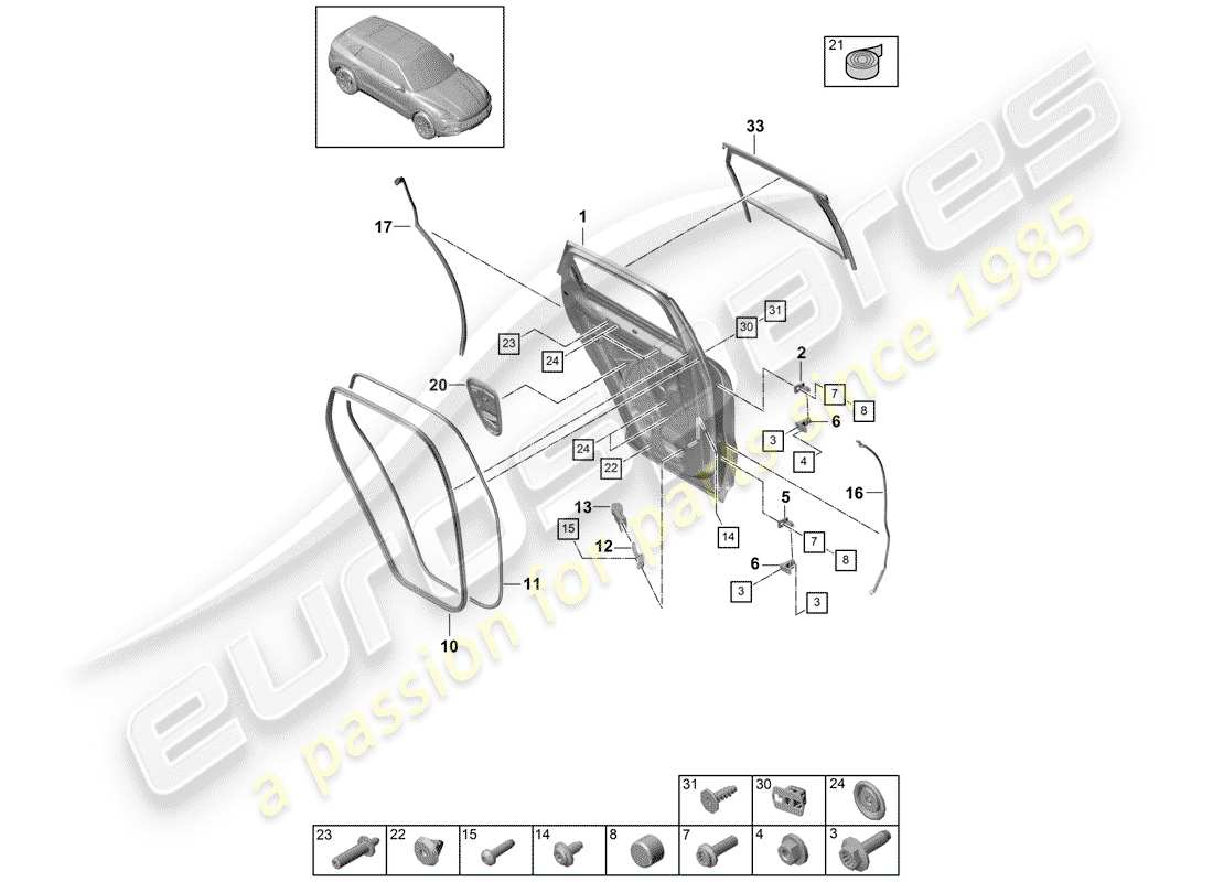 porsche 2019 (cayenne e3 9ya/9yb) door shell rear gaskets parts diagram