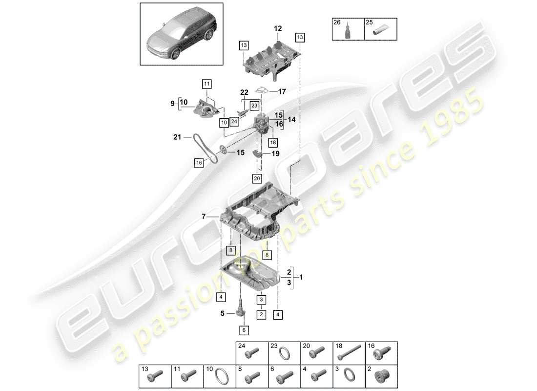 porsche 2019 (cayenne e3 9ya/9yb) oil-conducting housing oil pump oil sump parts diagram
