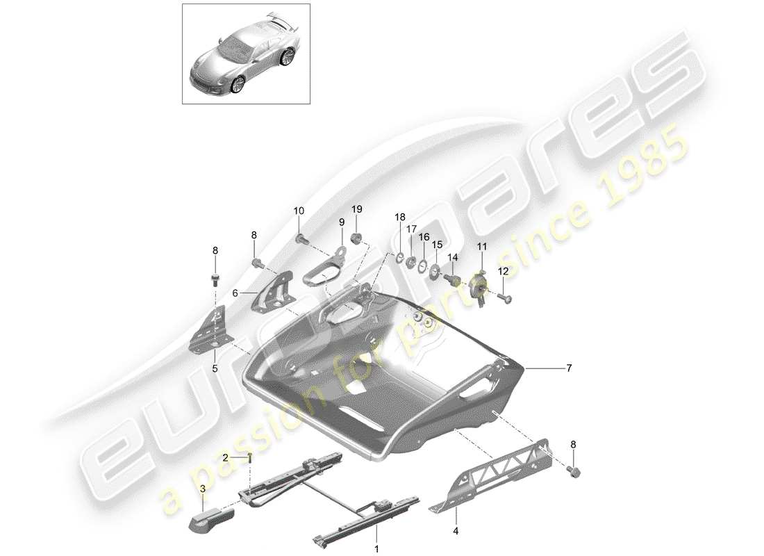 porsche 2016 (991-1 r/gt3/rs) bucket seat folding seat frame accessories part diagram