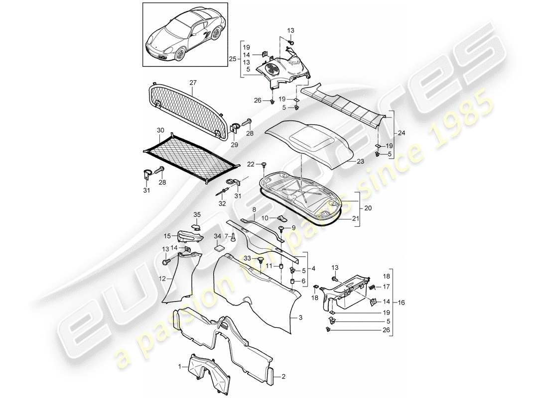 porsche 2012 (987 cayman) trims engine bay part diagram