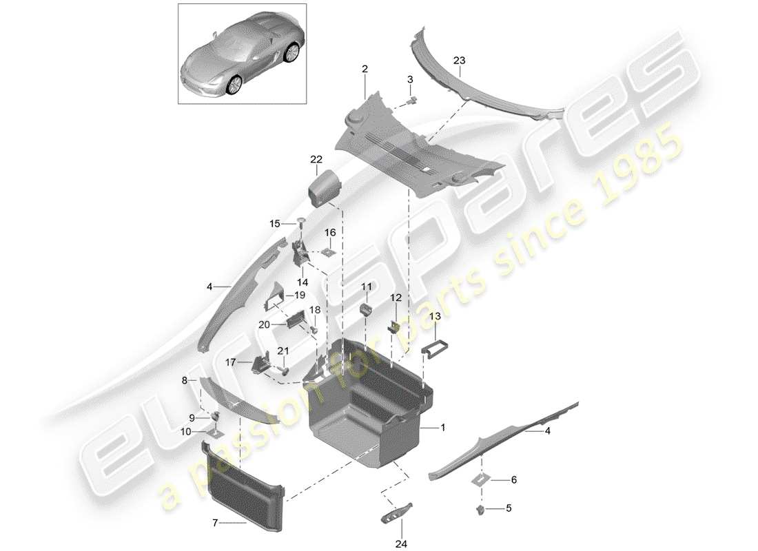porsche 2016 (981 boxster spyder) luggage boot trims front parts diagram