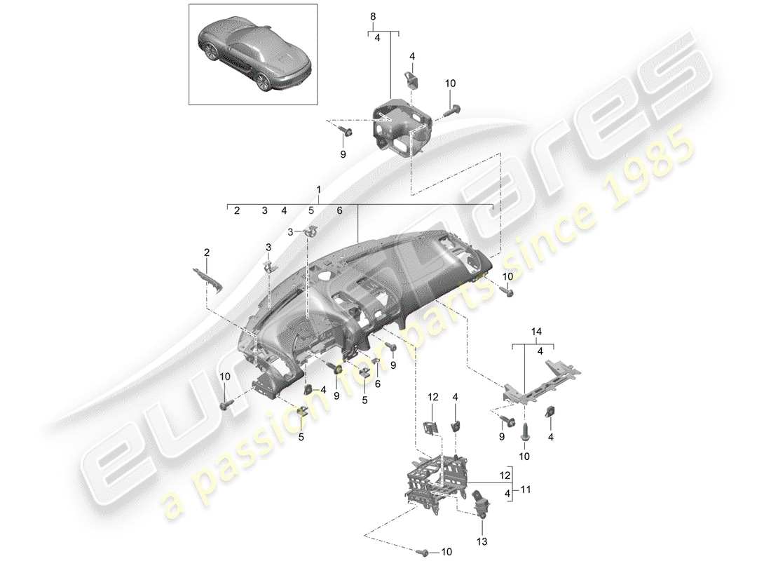 porsche 2013 (981 boxster) instrument panel trim upper part fasteners parts diagram