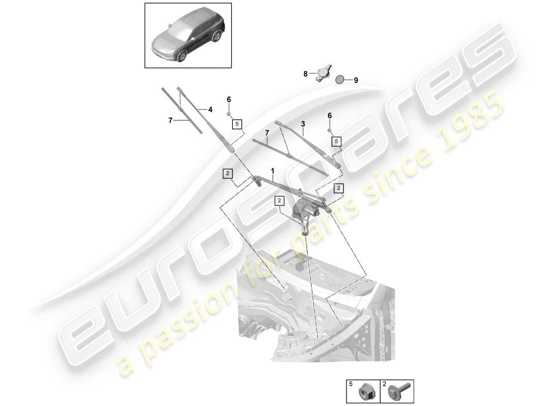 porsche 2018 (cayenne e3 9ya/9yb) windscreen wiper system, compl rain sensor parts diagram