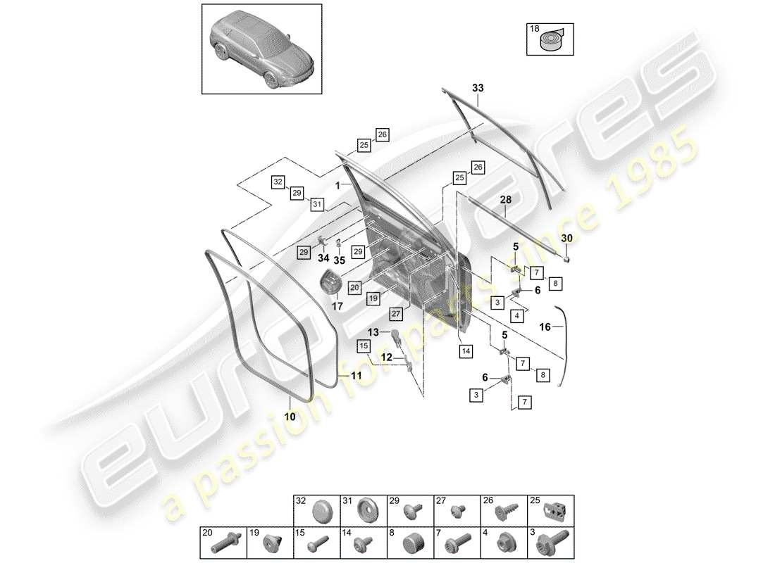 porsche 2019 (cayenne e3 9ya/9yb) door shell front gaskets parts diagram