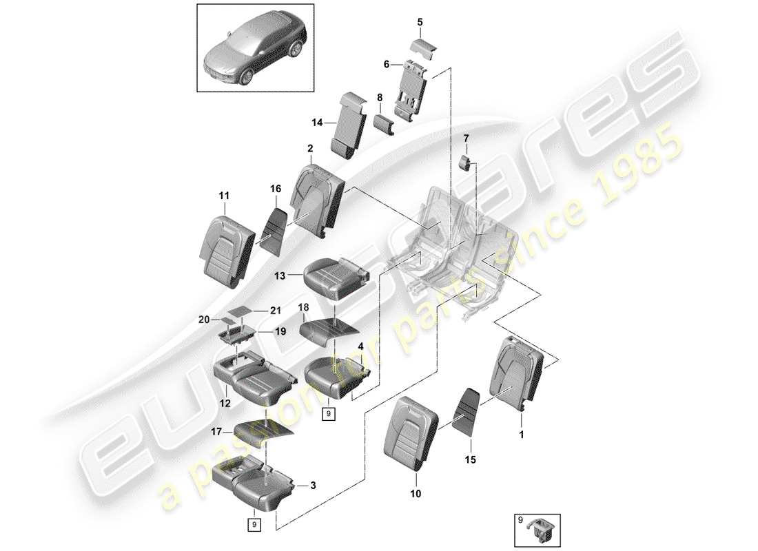 porsche 2018 (cayenne e3 9ya/9yb) seat rear sports seat foam part backrest covers seat covers parts diagram
