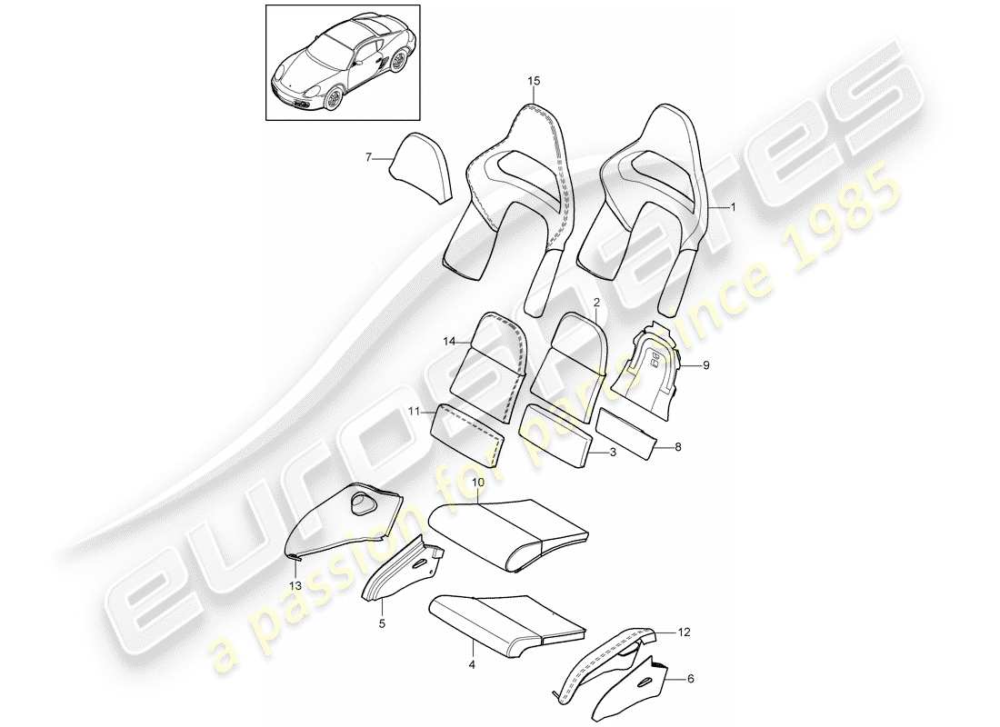 porsche 2010 (987 cayman) foam part seat and backrest cover seat and backrest surface bucket seat folding part diagram