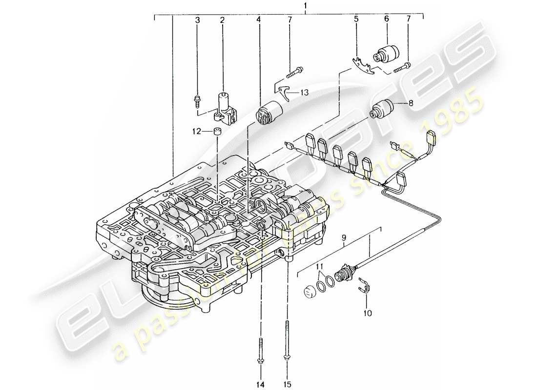 porsche 2003 (986 boxster) tiptronic valve body solenoid valve pressure regulator parts diagram