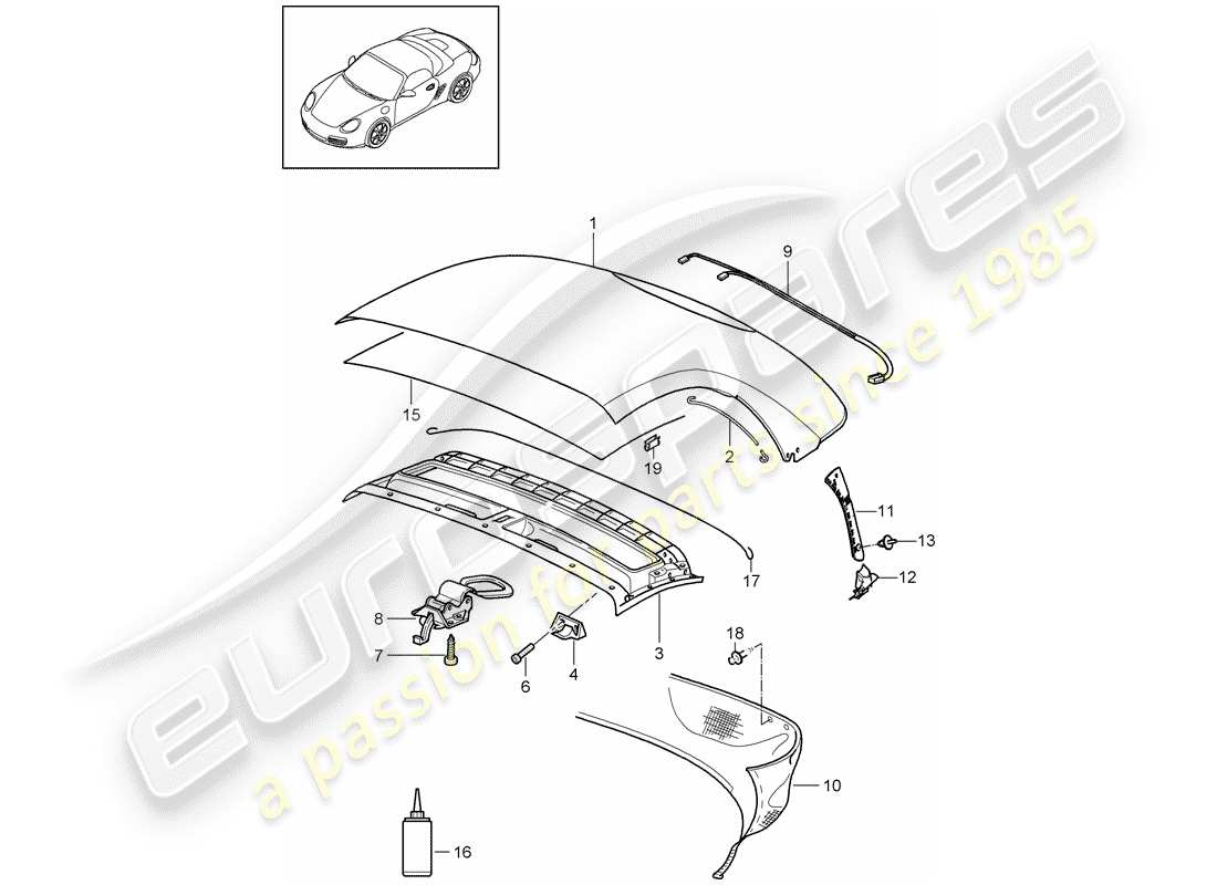 porsche 2011 (987 boxster) convertible top covering liner parts diagram