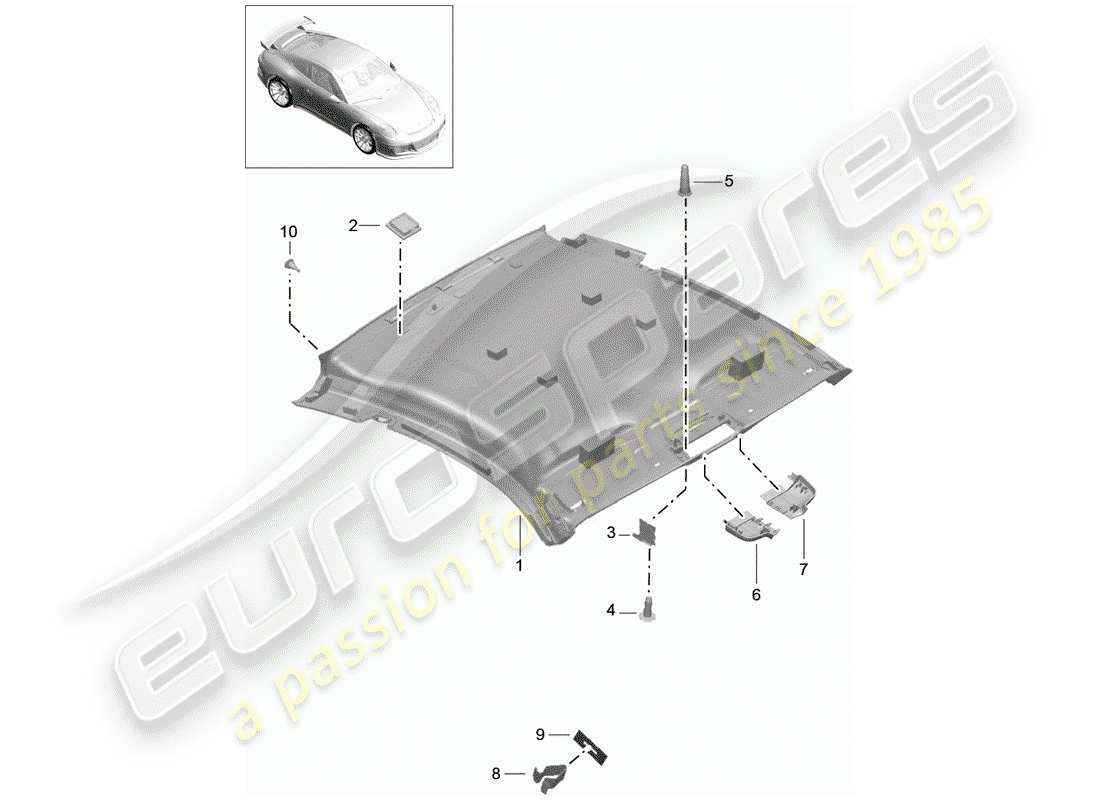 porsche 2015 (991-1 r/gt3/rs) roof trim part diagram