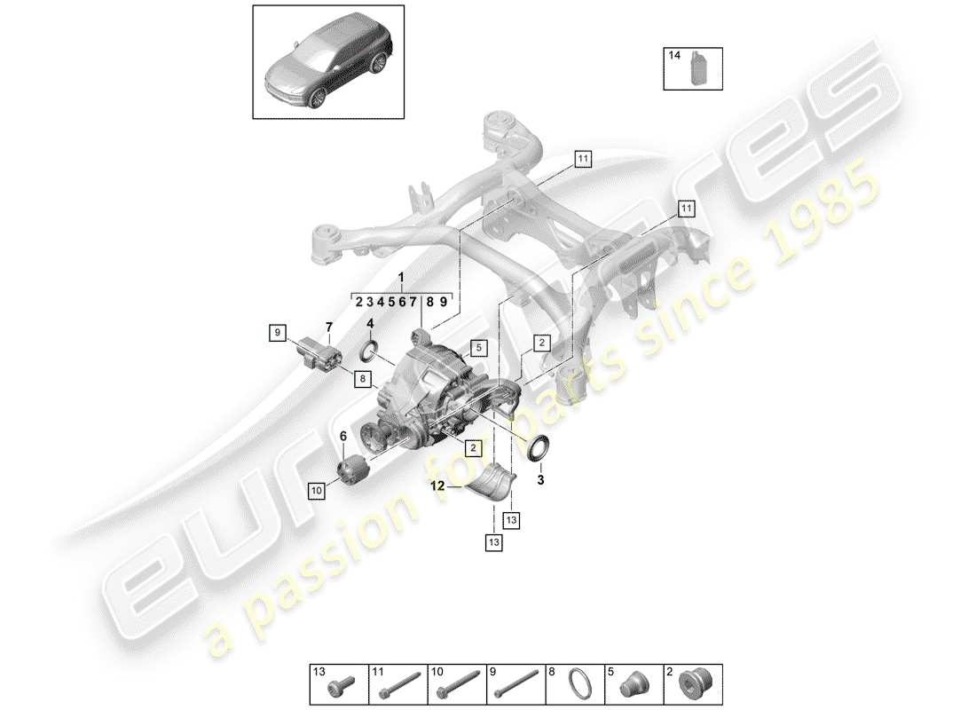 porsche 2018 (cayenne e3 9ya/9yb) rear axle differential for models with differential lock parts diagram