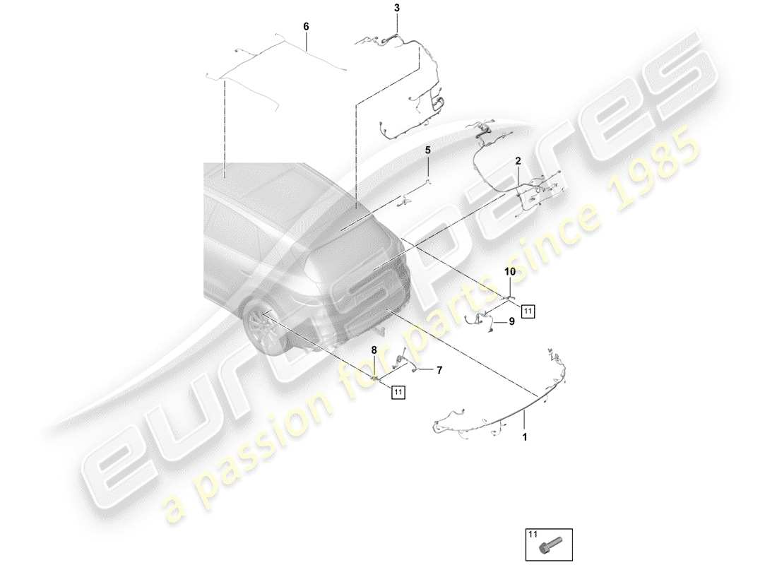 porsche 2018 (cayenne e3 9ya/9yb) wiring looms bumper parts diagram