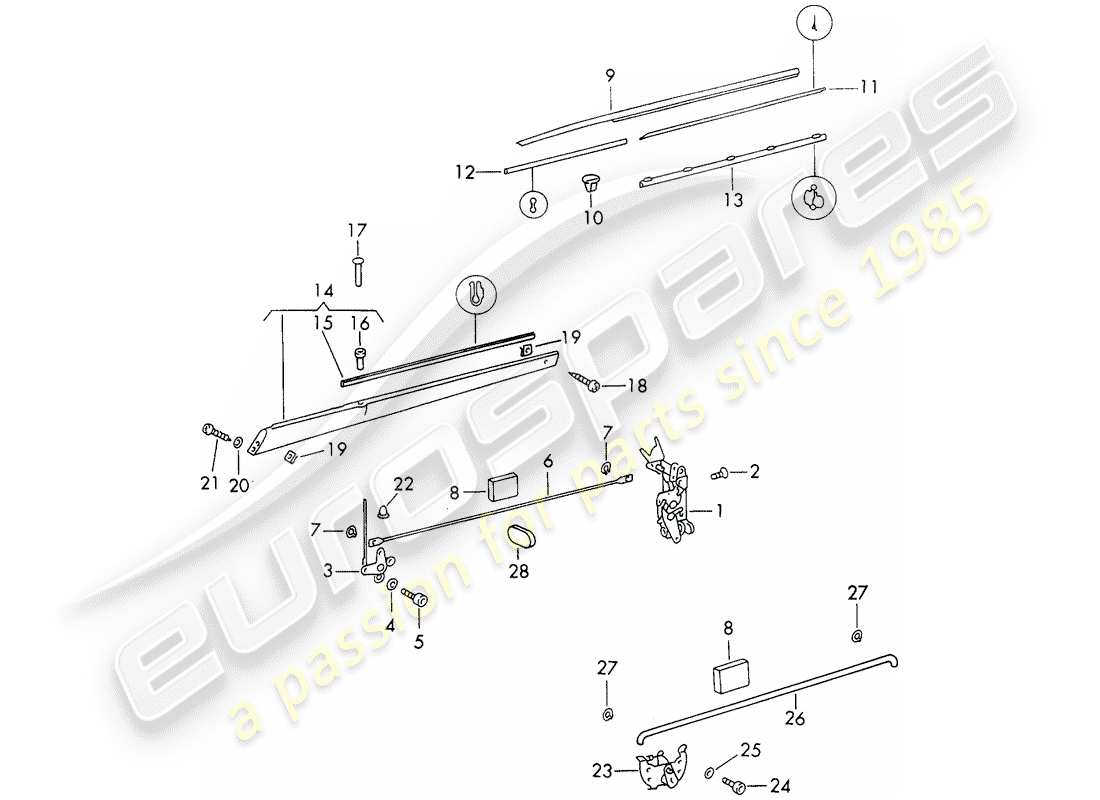 porsche 1970 (911) door latch - with installation parts parts diagram