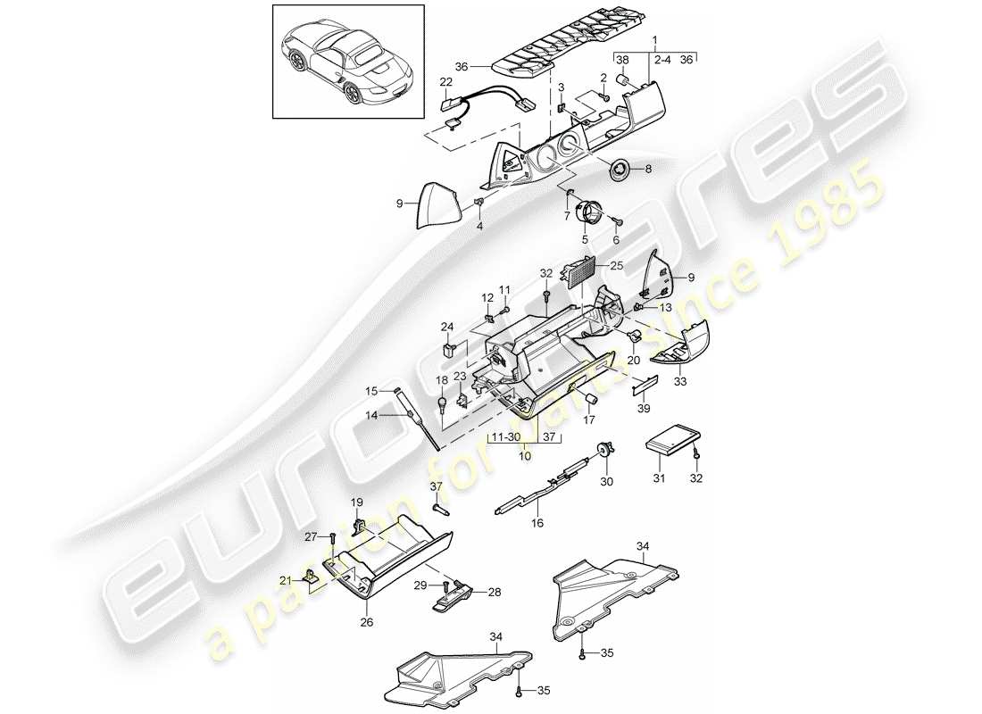 porsche 2011 (987 boxster) glove box cover and trim (drivers side) parts diagram
