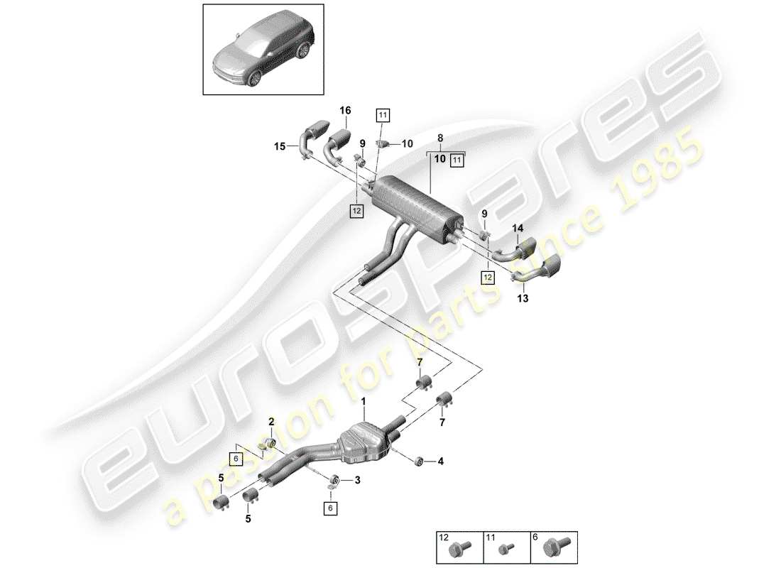 porsche 2018 (cayenne e3 9ya/9yb) exhaust system front silencer rear silencer tailpipe parts diagram